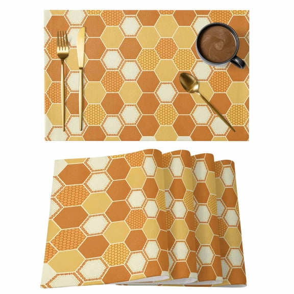 Hive Cotton Linen Placemats Set of 1, Yellow Orange Hexagon Washable Table Place Mats Heat Insulating Placemat for Dining Room Kitchen Daily Use 13 x 19 Inch
