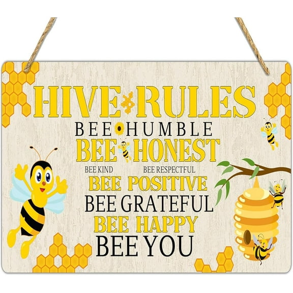 Hive Rules Sign, Bee Decor Wood Hanging Wood Plaque, Wall Decor Art, Inspirational Wood Sign, Bees Kitchen Wall Decor, Honey Bee Decorations for Home Farmhouse, Spring Summer Decor 5x10 Inch