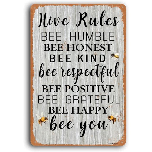 Hive Rules Signs Bee Bumble Aluminum Sign, 8x12 Inch, Bee Hive Rules Sign Bee Garden Decor