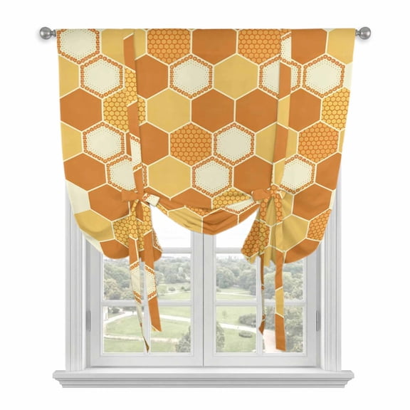 Hive Tie Up Curtain for Window, Yellow Orange Hexagon Adjustable Tie Up Balloon Curtain Valances Rod Pocket Window Treatment for Kitchen Bathroom Bedroom 42"x45"