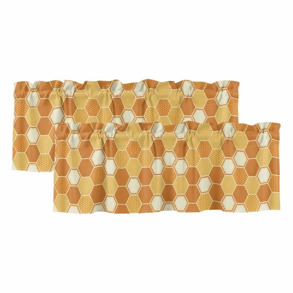 Hive Window Valance, Yellow Orange Hexagon 2 Pack Decorative Curtain for Small Windows, Light Filtering Valance with 3” Rod Pocket, 60"W x 18"L
