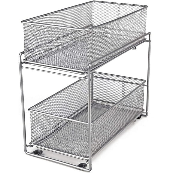 HiveNets Mesh Sliding Baskets Cabinet Organizer Drawer for Kitchen Under Sink Storage 2 of Shelves Silver
