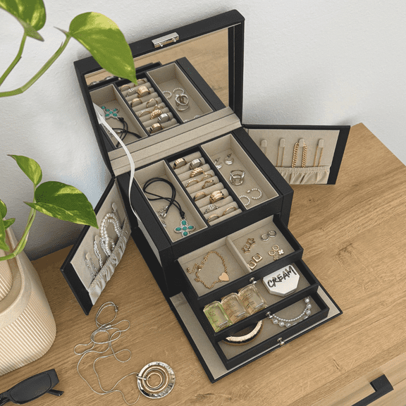 Hives & Honey Adult Black Demi Locking Jewelry Case - 3-Drawer Organizer with Mirror