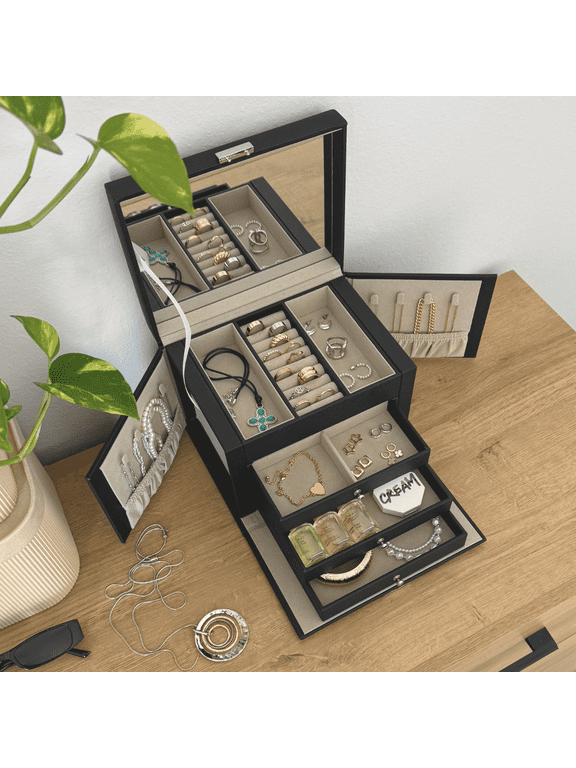Hives & Honey Adult Black Demi Locking Jewelry Case - 3-Drawer Organizer with Mirror