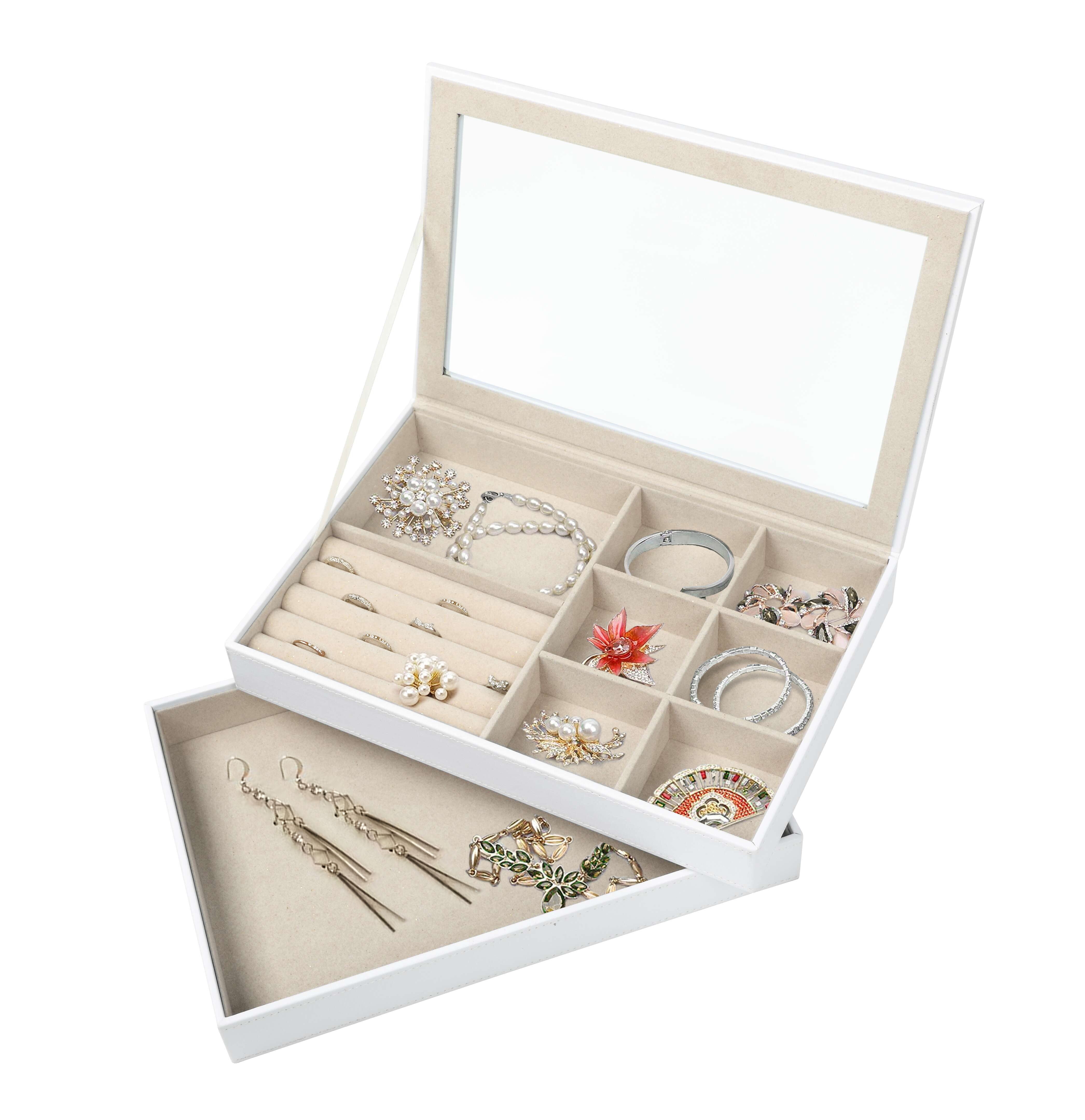 HIVES AND HONEY Hives & Honey Adult Isla White Stackable Jewelry Trays - Set of 2, 1 Glass-Lid Compartmentalized, 1 Open