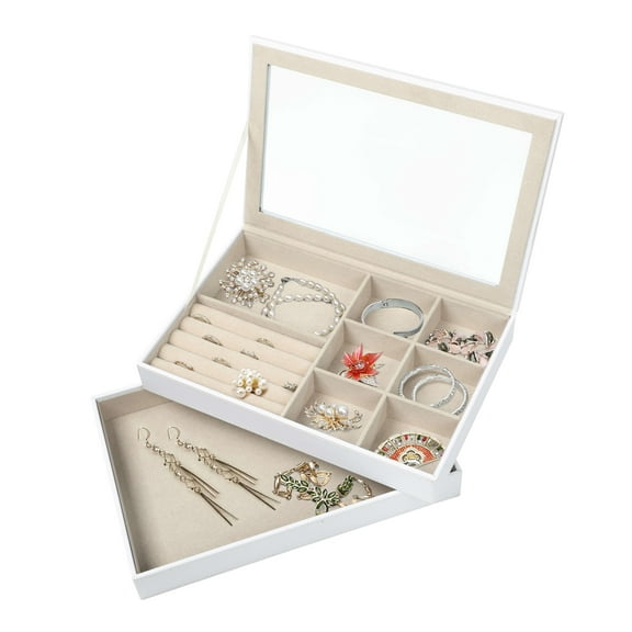 Hives & Honey Adult Isla White Stackable Jewelry Trays - Set of 2, 1 Glass-Lid Compartmentalized, 1 Open