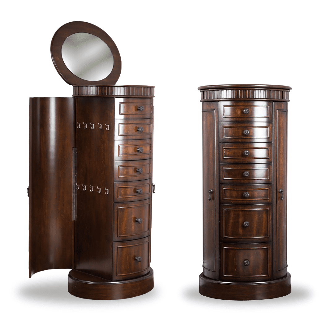 Walnut Freestanding Jewelry Armoire with Mirror and Drawers