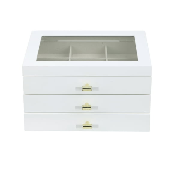 Hives & Honey Danielle Women's Jewelry Box, White, 2 Drawers, Glass Lid, Gold Accents, Divided Storage