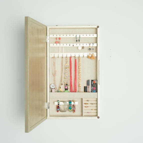 Hives & Honey Nicolette Adult Wall-Mounted Mirrored Jewelry Armoire - Gold, Transitional Style Wood Frame