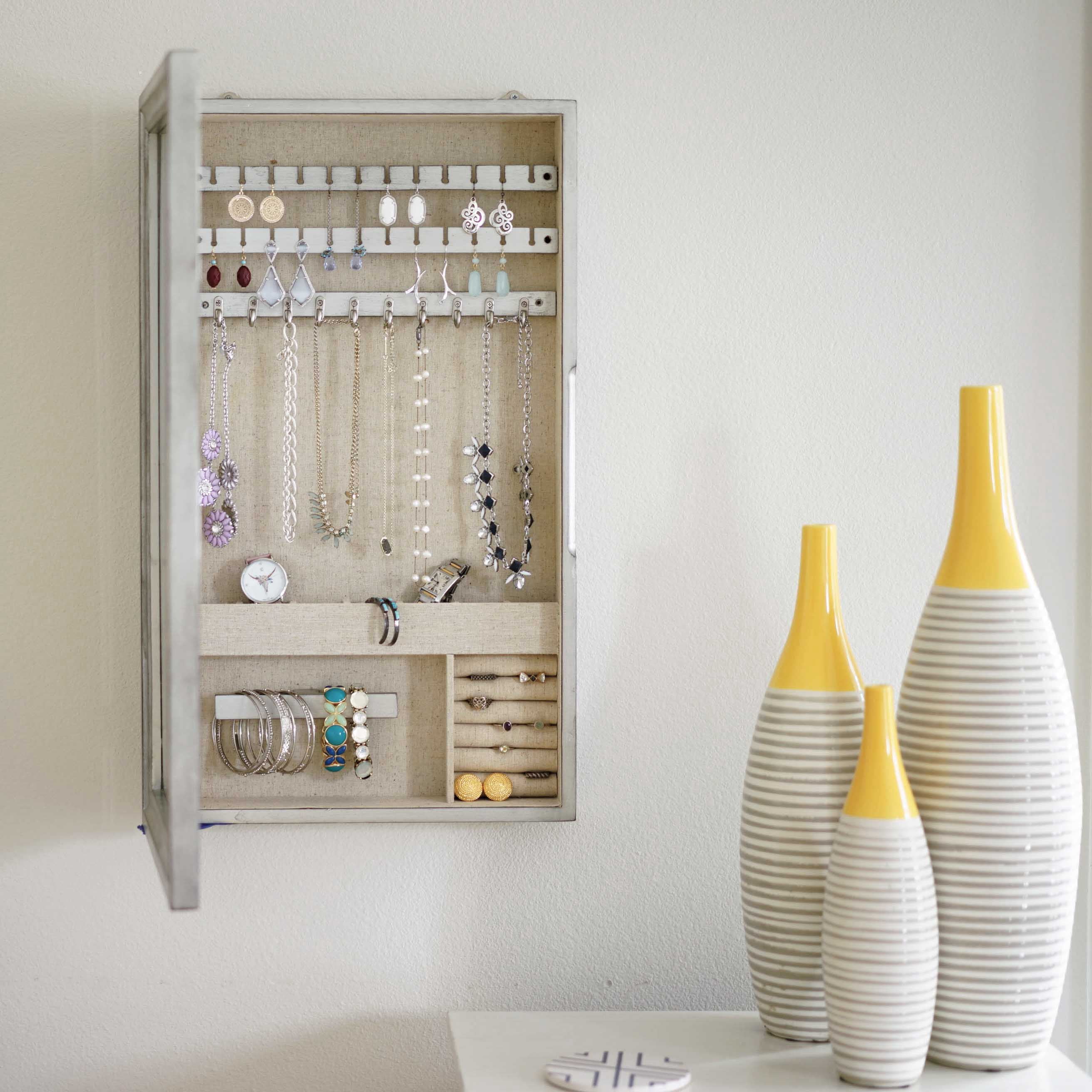 Hives & Honey Nicolette Adult Wall-Mounted Mirrored Jewelry Armoire - Silver, Transitional Style Wood Frame
