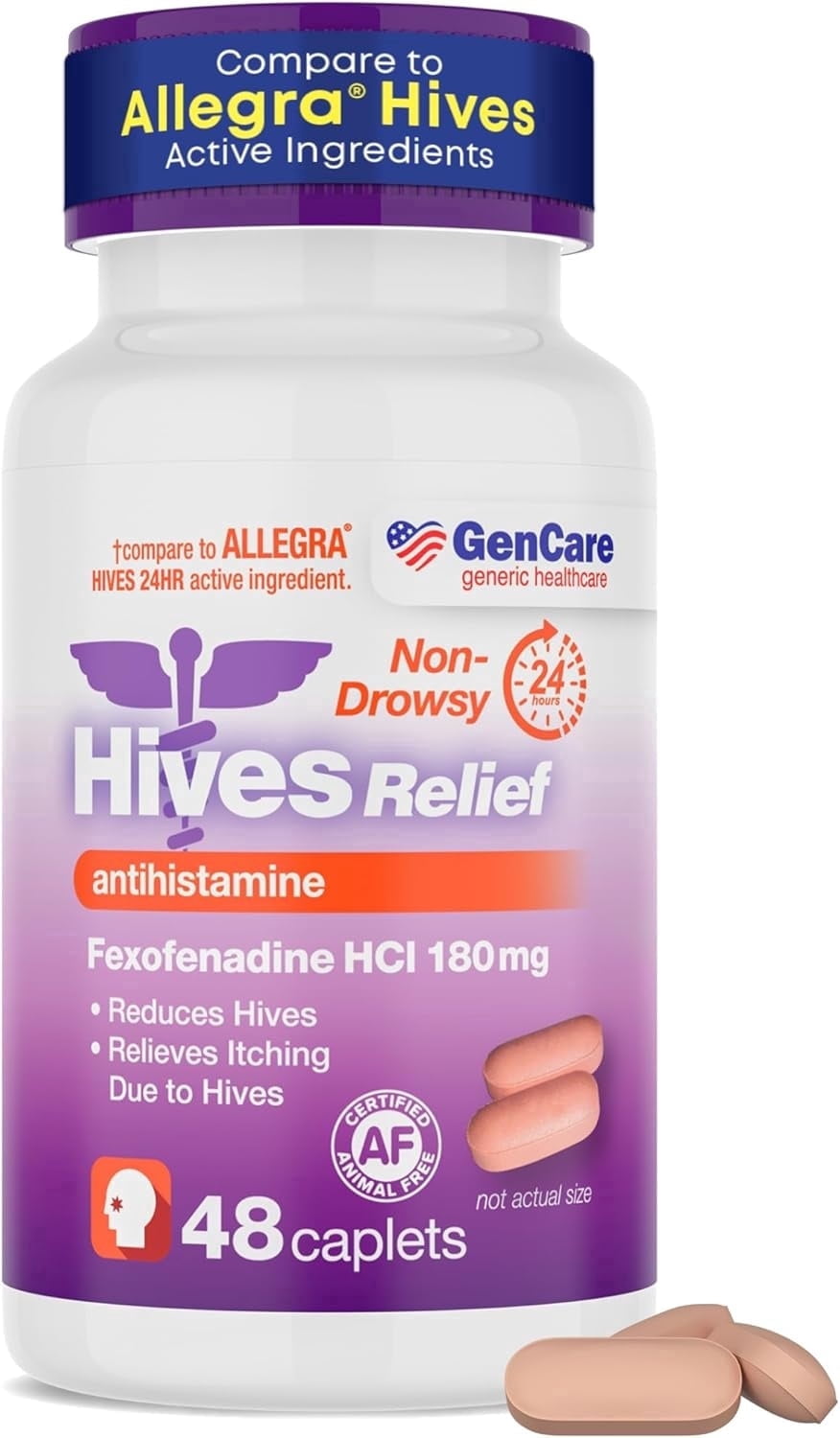 GenCare Hives Relief Allergy Medicine, 180mg Fexofenadine Non Drowsy Antihistamine for Allergy Relief, 48 Ct