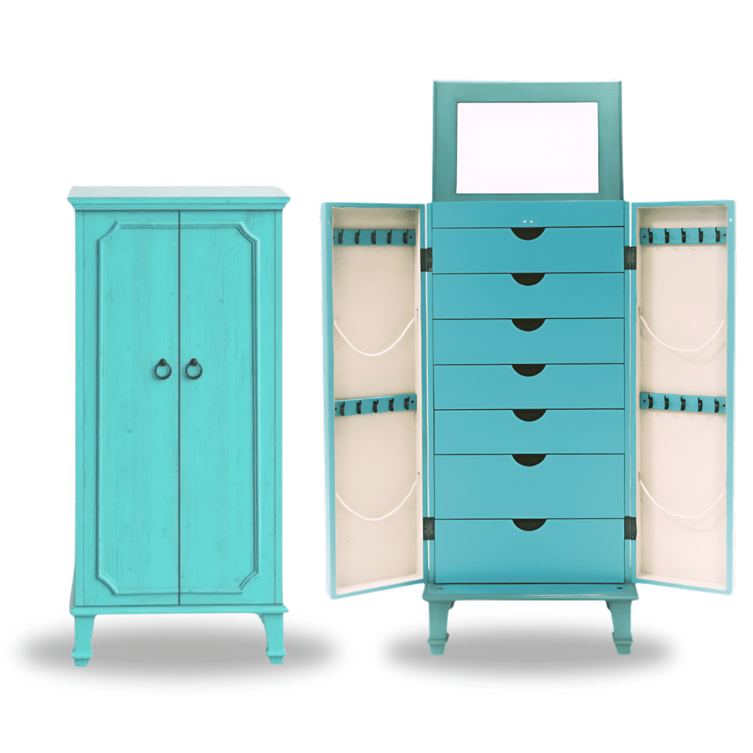 Turquoise Solid Wood French Jewelry Armoire with Mirror