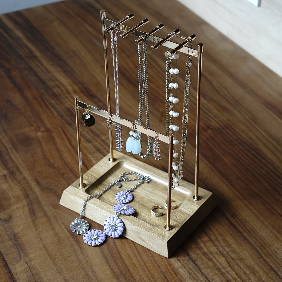 Hives and Honey Chandler 2-Tier Women's Jewelry Organizer Stand, Rose Gold Metal with Wood Base