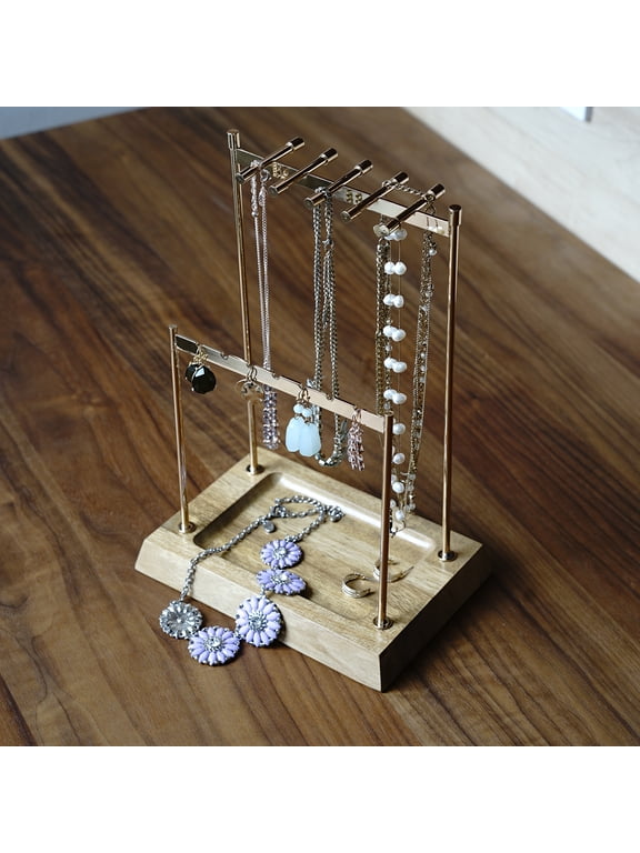 Chandler 2-Tier Women's Jewelry Organizer Stand, Rose Gold Metal with Wood Base