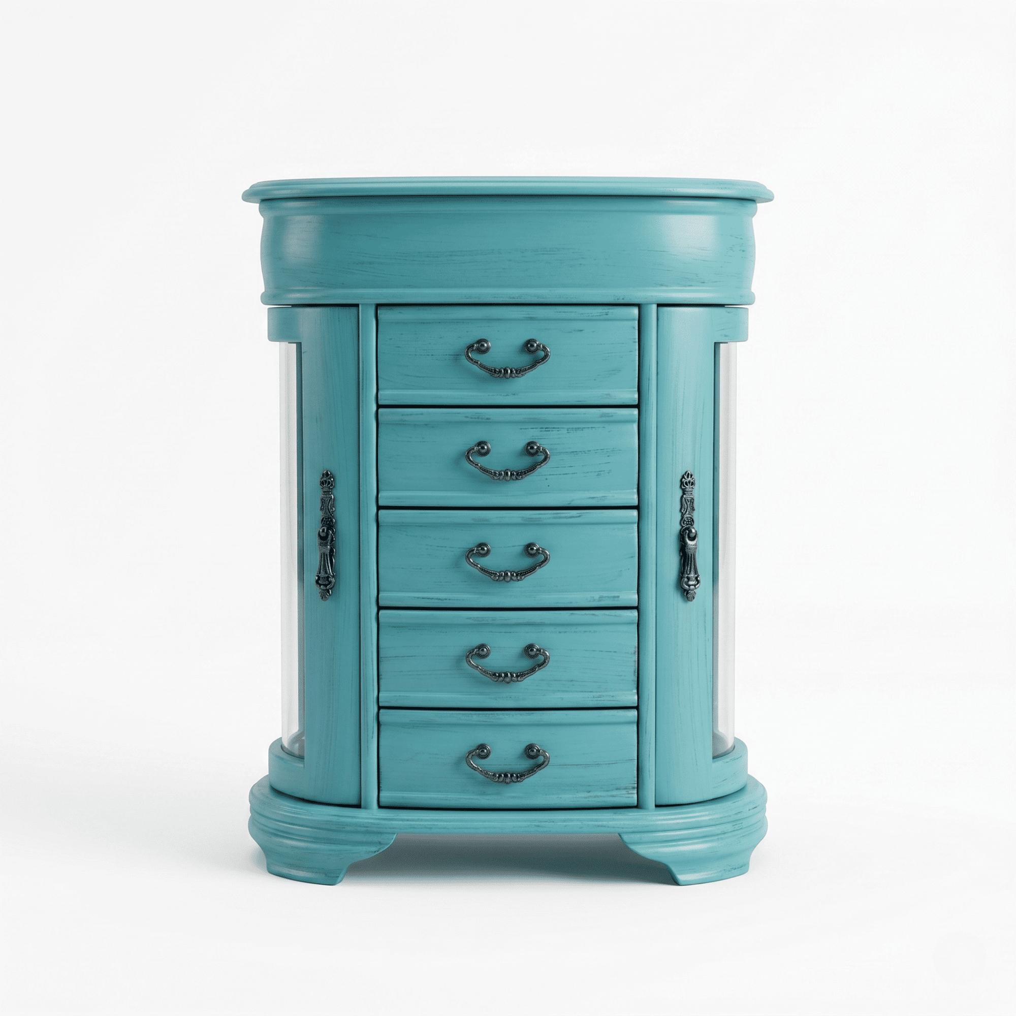 Hives and Honey Daphne Oval Wooden Jewelry Organizer Chest with Vanity Mirror and Glass Doors for Women in Antiqued Turquoise Finish
