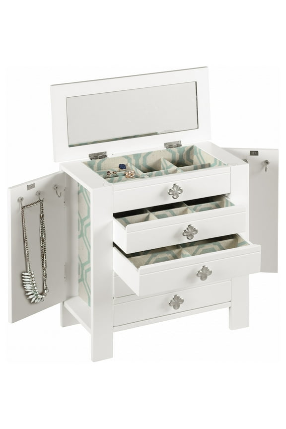Emma Wood Jewelry Chest: Modern White Tabletop Storage with 4 Drawers for Women