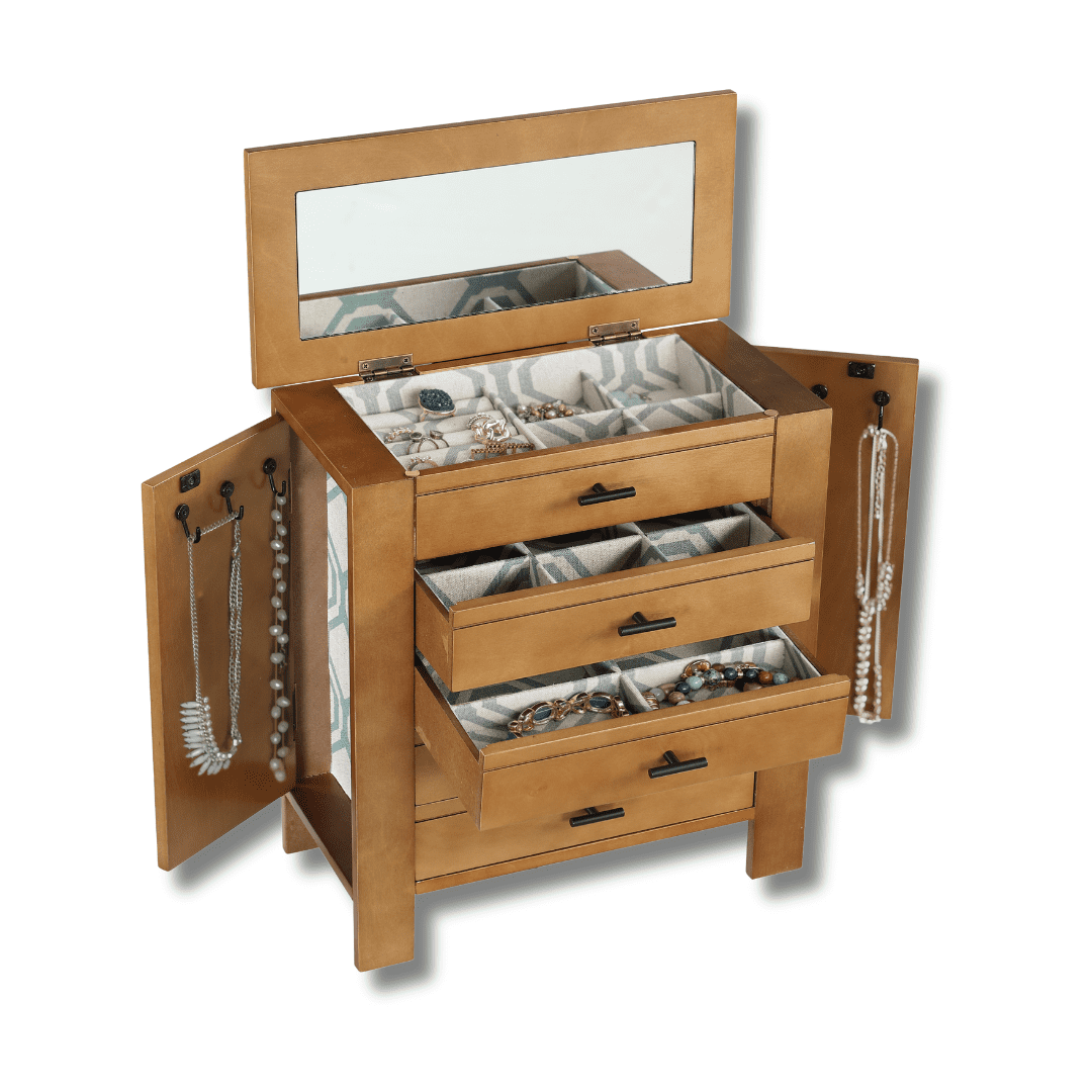Hives and Honey Emma Wood Jewelry Chest: Modern Pine Tabletop Storage with 4 Drawers for Women