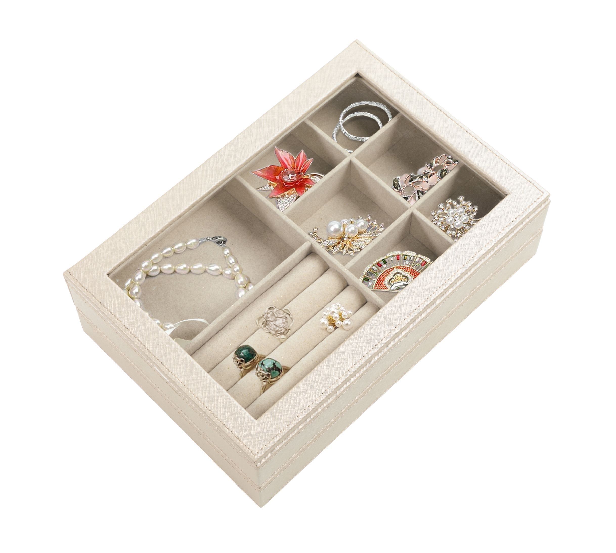 Hives and Honey Esther Womens Stackable White Jewelry Trays for Organizing with Glass Lid