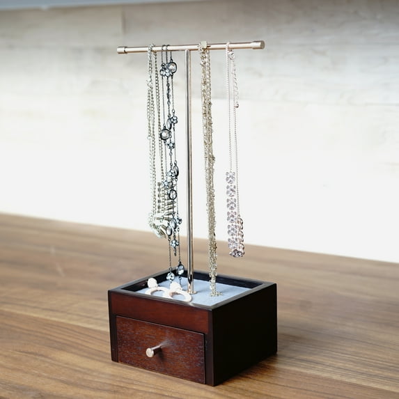 Hives and Honey Kylie Cherry Wood T-Bar Jewelry Stand Holder with Rose Gold Metal Hardware and Drawer