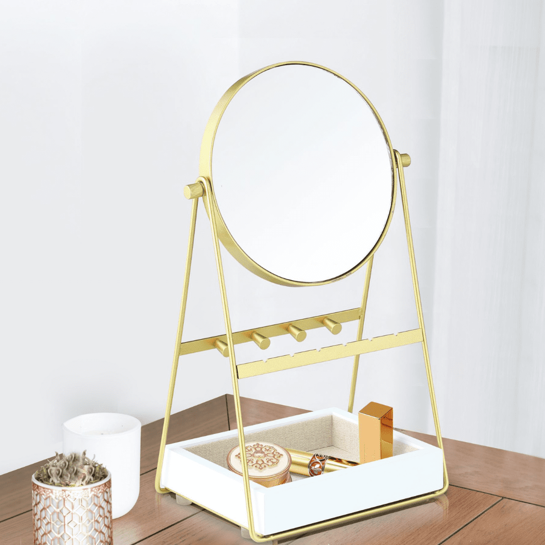 Hives and Honey Lina Adult Gold Round Mirror with Jewelry Storage - White