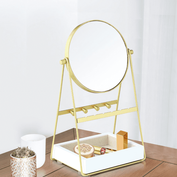 Hives and Honey Lina Adult Gold Round Mirror with Jewelry Storage - White