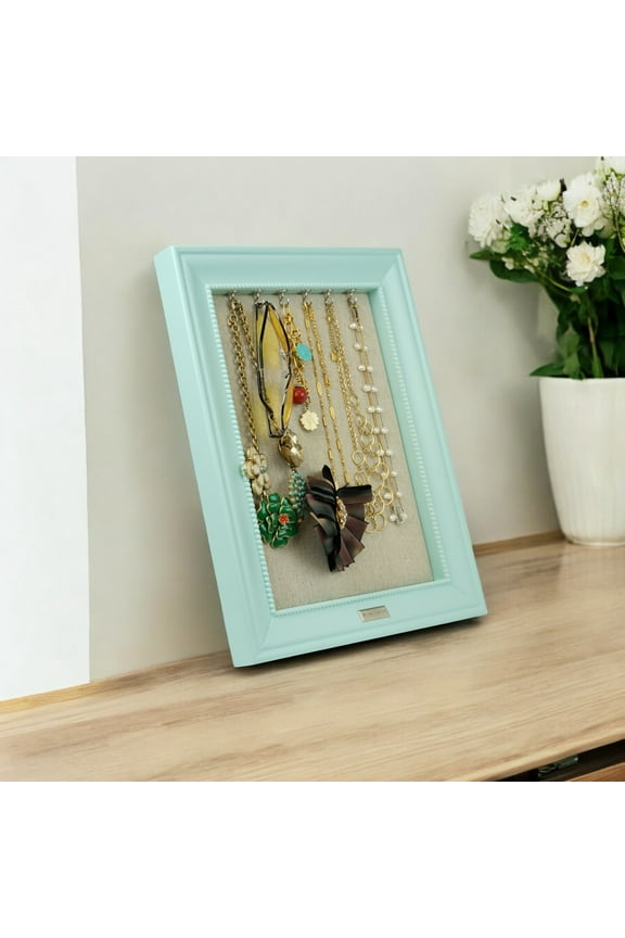 Women's Medium 15" x 12" Seafoam Jewelry Frame Organizer with Necklace Hooks and Linen Pinboard