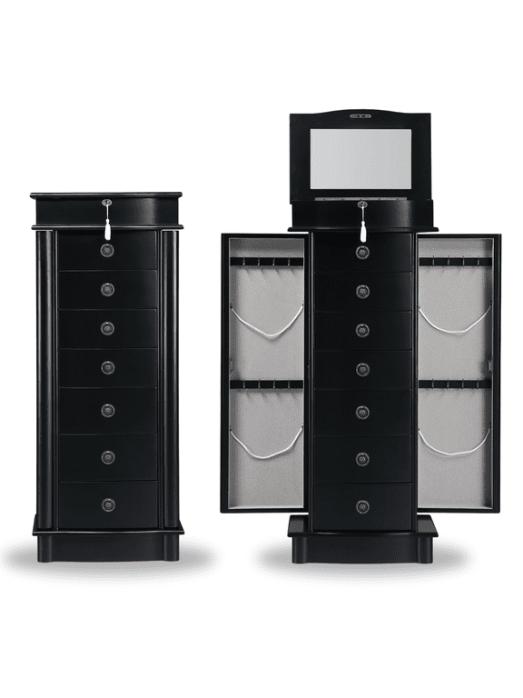 Nora Traditional Jewelry Armoire with Locking Compartment and Ample Storage, Black