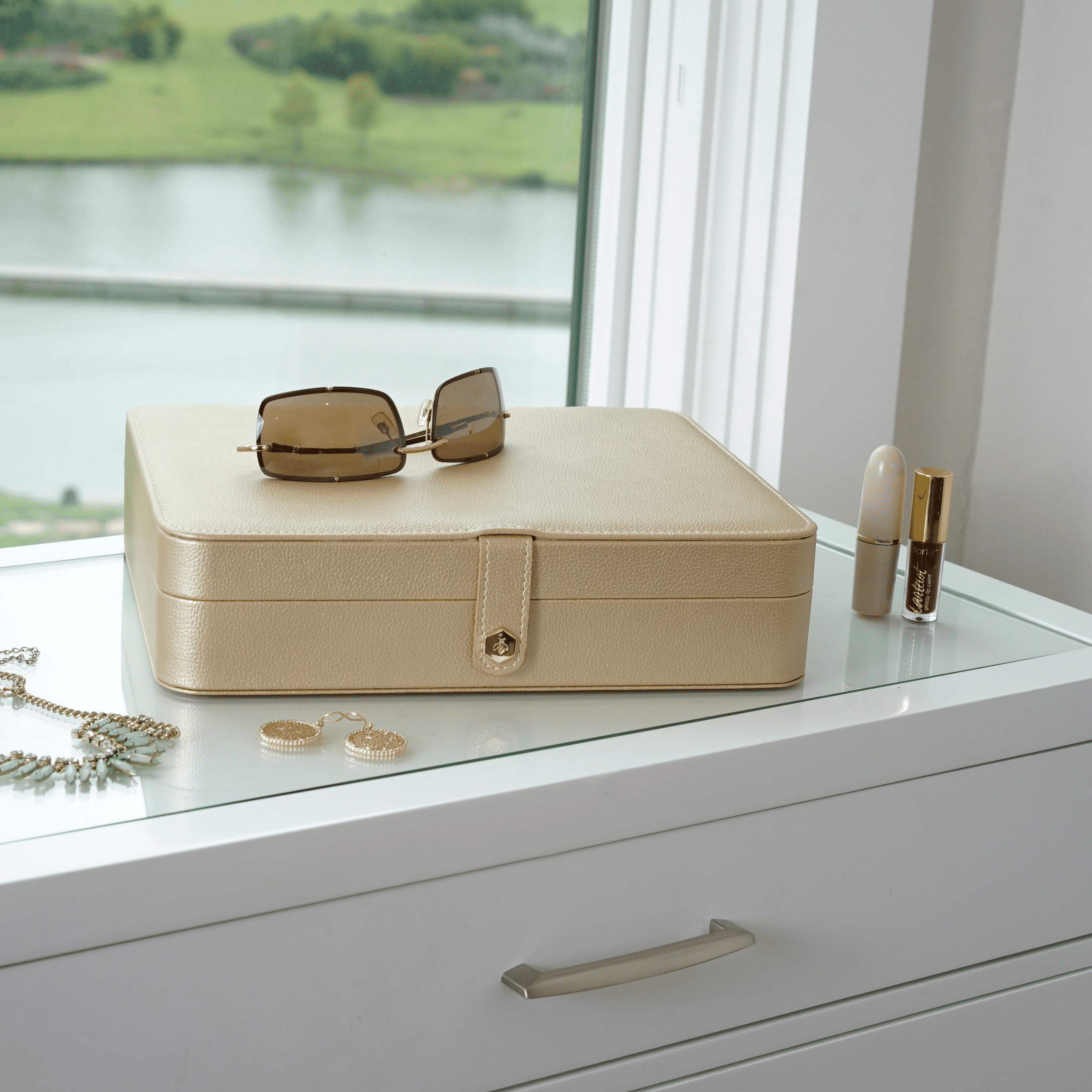 Hives and Honey Opal Large Women Jewelry Organizer Travel Case with Mirror in Gold