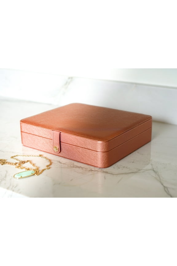 Opal Large Women Jewelry Organizer Travel Case with Mirror in Metallic Coral