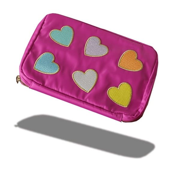 Hives and Honey Women's Bryn Nylon Jewelry Accessory Travel Pouch with Embroidered Hearts in Pink