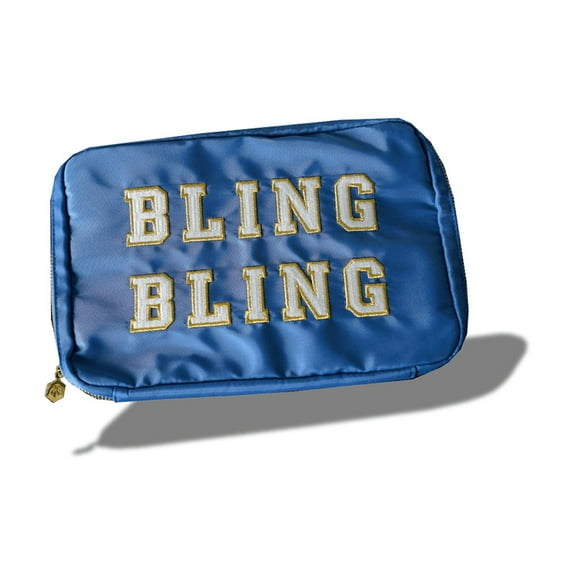 Hives and Honey Women's Bryn Nylon Jewelry Accessory Travel Pouch with Embroidered Letters in Blue