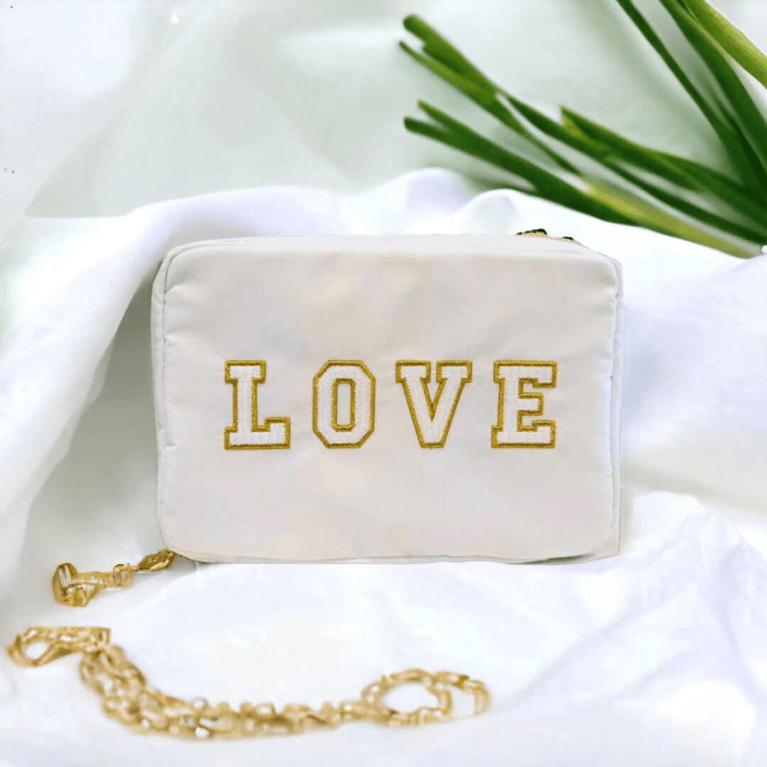 Hives and Honey Women's Bryn Nylon Jewelry Accessory Travel Pouch with  Embroidered Letters in White 