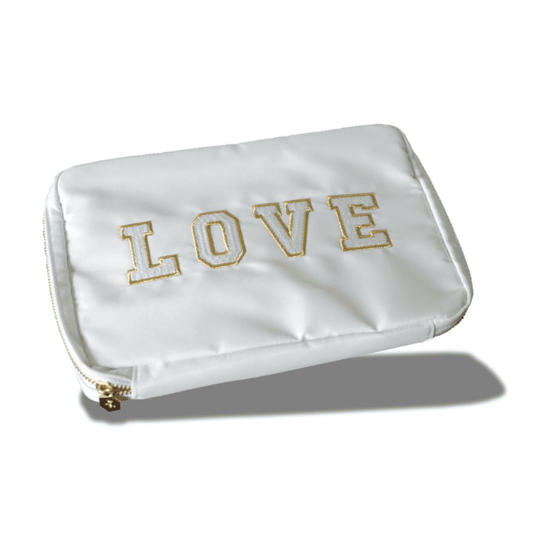 Hives and Honey Women's Bryn Nylon Jewelry Accessory Travel Pouch with Embroidered Letters in White