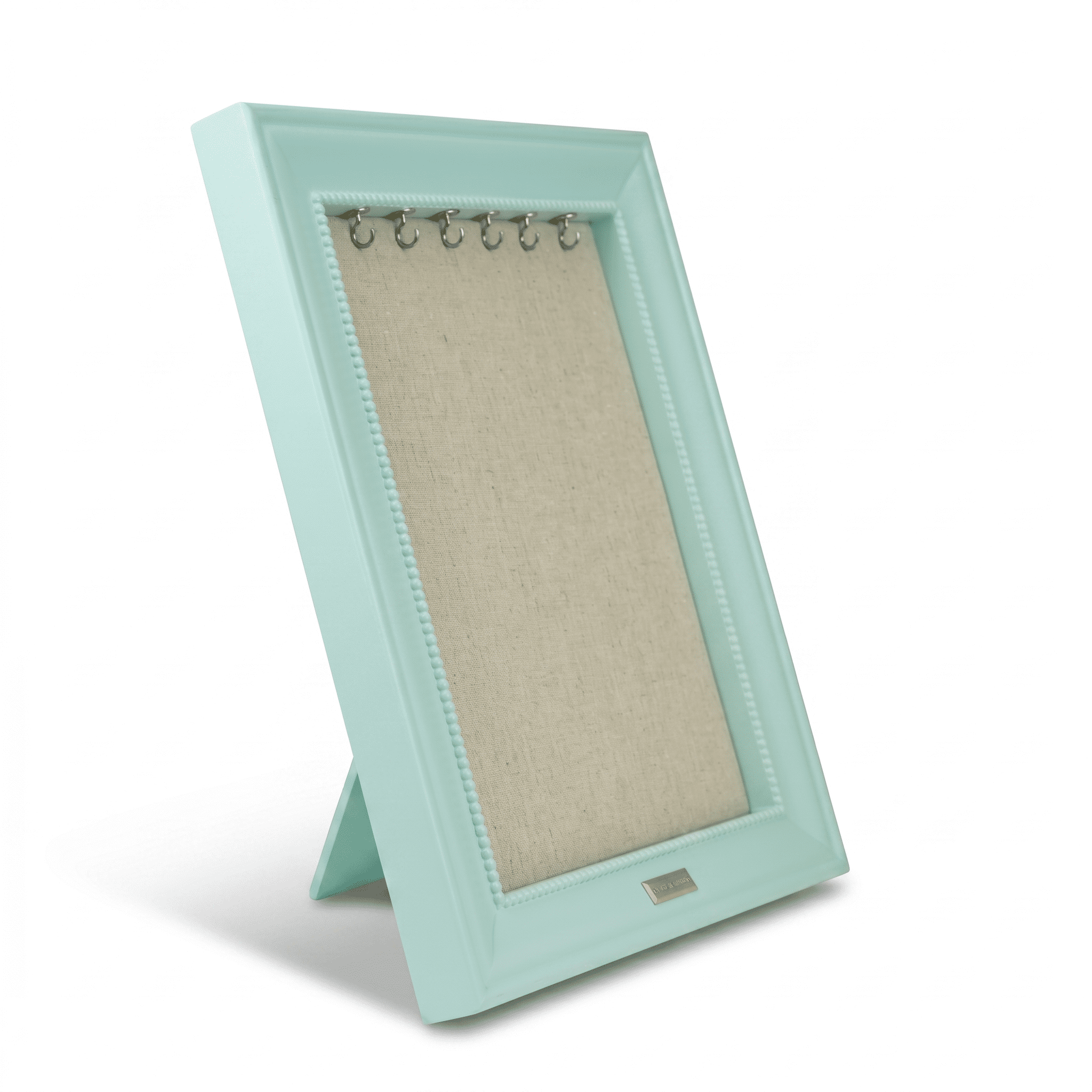 Hives and Honey Women's Medium 15" x 12" Seafoam Jewelry Frame Organizer with Necklace Hooks and Linen Pinboard