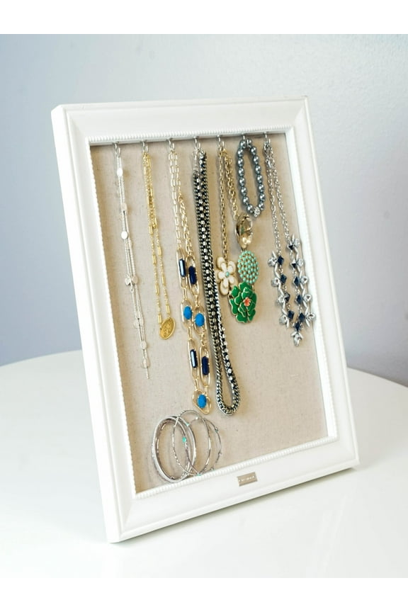 Wood Jewelry Frame with Necklace Hooks - White