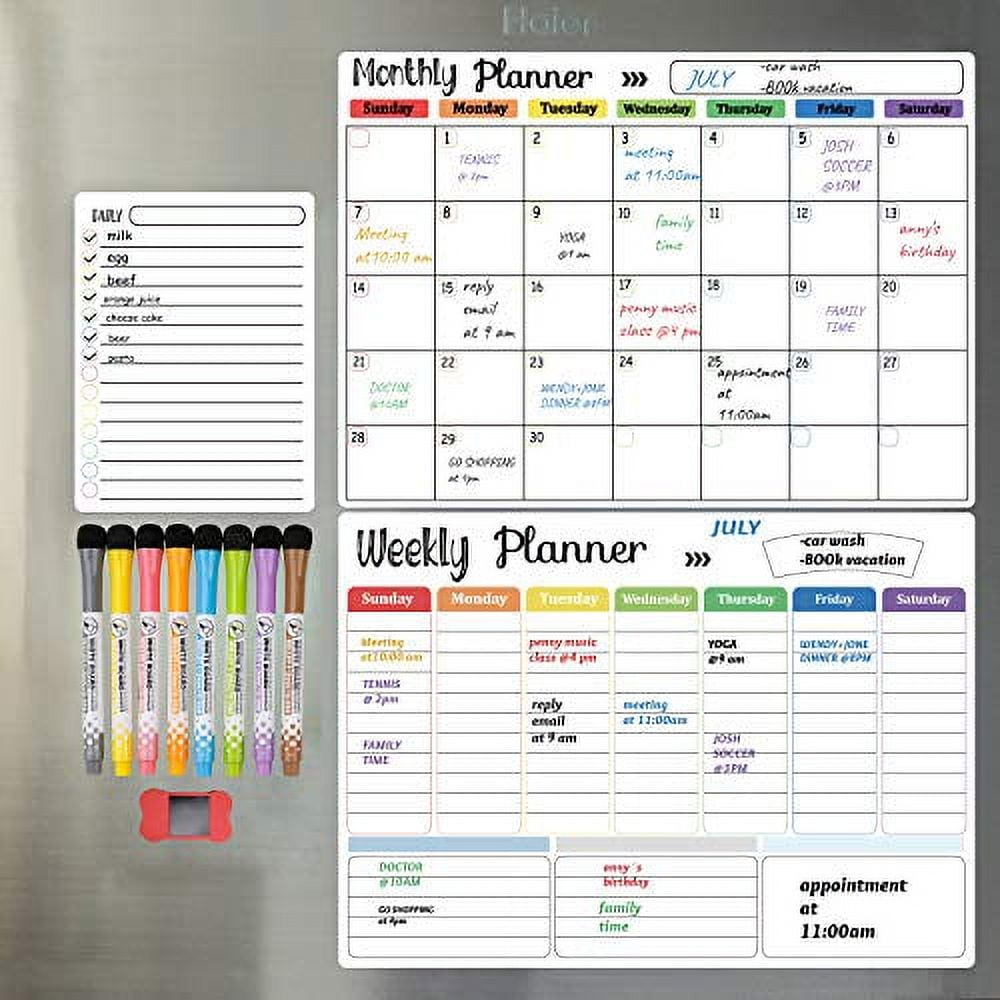 Hivillexun Dry Erase Calendar Whiteboard. Set of 3 Magnetic Calendars for Refrigerator, Monthly, Weekly Organizer & Daily Notepad. Wall & Fridge Family Calendar. 8 Markers 1 Eraser - Walmart.com Hivillexun Dry Erase Calendar Whiteboard. Set of 3 Magnetic Calendars for Refrigerator, Monthly, Weekly Organizer & Daily Notepad. Wall & Fridge Family Calendar. 8 Markers 1 Eraser - Walmart.com