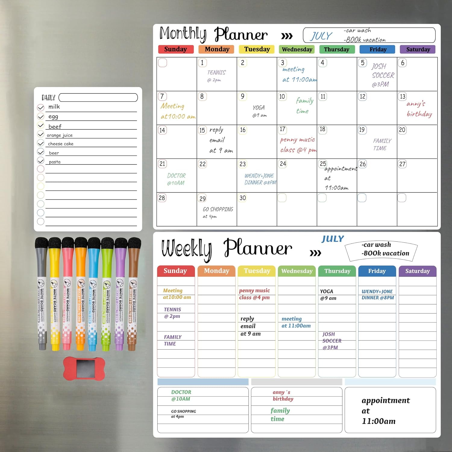 Hivillexun Dry Erase Whiteboard. Magnetic Dry Erase Calendar Board for Fridge Includes 8 Markers - Weekly Meal Planner whiteboard, Grocery List and Notepad for Kitchen Refrigerator