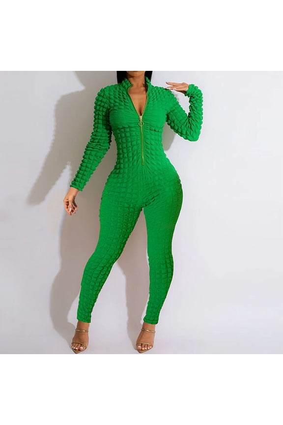 Hivin Jumpsuit for Women, Solid Color Popcorn Knit Long Sleeve with Semi-Turtleneck and Zipper, Casual Fashion for Daily Wear