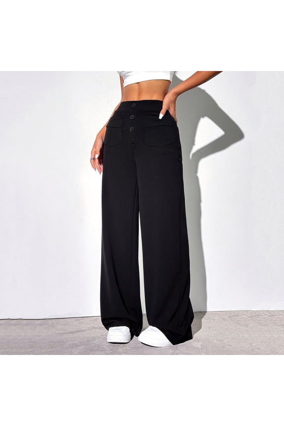 Hivin Women's Casual Straight Leg Pants, Solid Color Loose Fit with Pockets and Button Details, Comfortable Stretch for Daily Wear
