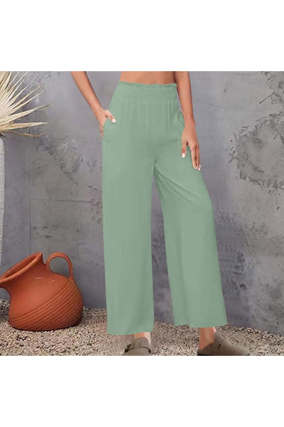 Hivin Women's Cotton Linen Paperbag Waist Pants, Loose Fit Comfortable Solid Color Casual Trousers for Daily Wear