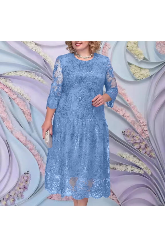 Hivin Women's Evening Dress, With Intricate Lace Embroidery and Sequins, Three-Quarter Sleeves and Round Neck, Formal Attire for Weddings Parties and Proms