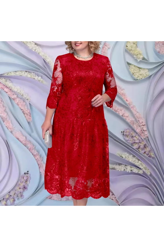 Hivin Women's Evening Dress, With Intricate Lace Embroidery and Sequins, Three-Quarter Sleeves and Round Neck, Formal Attire for Weddings Parties and Proms