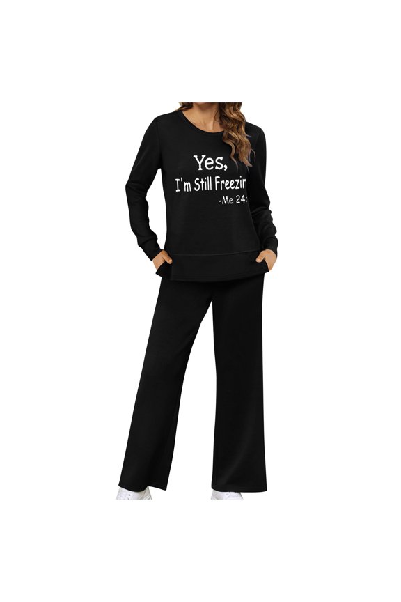 Hivin Womens Printed Lounge Set, Round Neck Long Sleeve Top with Side Slit Pants, Comfortable and Fashionable for Home and Daily Wear