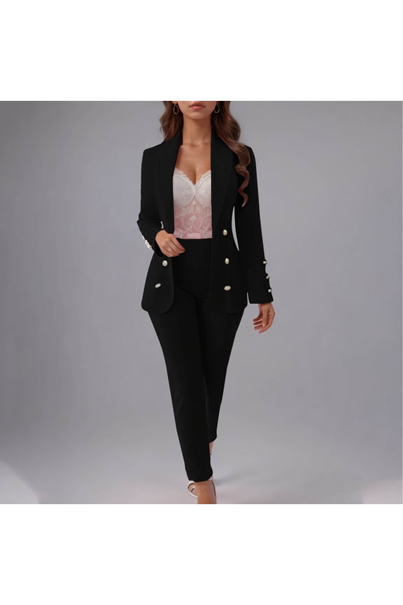 Hivin Womens Solid Color Suit Set, Fashion Button Lapel Blazer and Side Zipper Pants, Formal Business Office Wear for Professional Work Attire