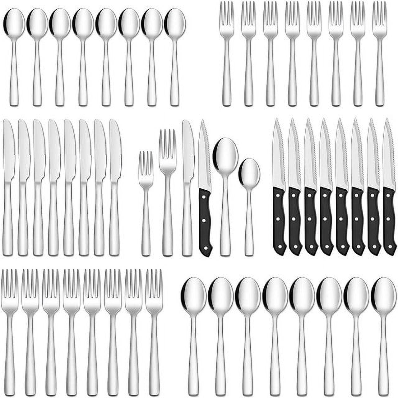 LIANYU 48-Piece Black Silverware Set with Steak Knives and Organizer,  Stainless Steel Flatware Cutlery Set for 8, Tableware Eating Utensils Set  for