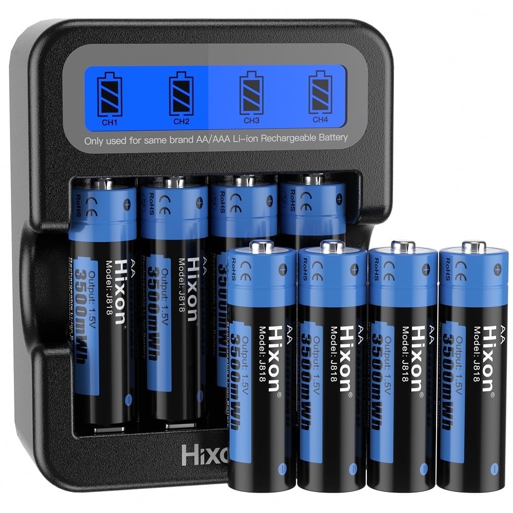 Hixon 1.5V Rechargeable Lithium AA Batteries, 8 Pack AA Li-ion Batteries with LCD Charger, 3500mWh High Capacity, 1600 Cycles, Long-Lasting, 1.5v Constant Output for Blink Security Cameras, RC Tyos