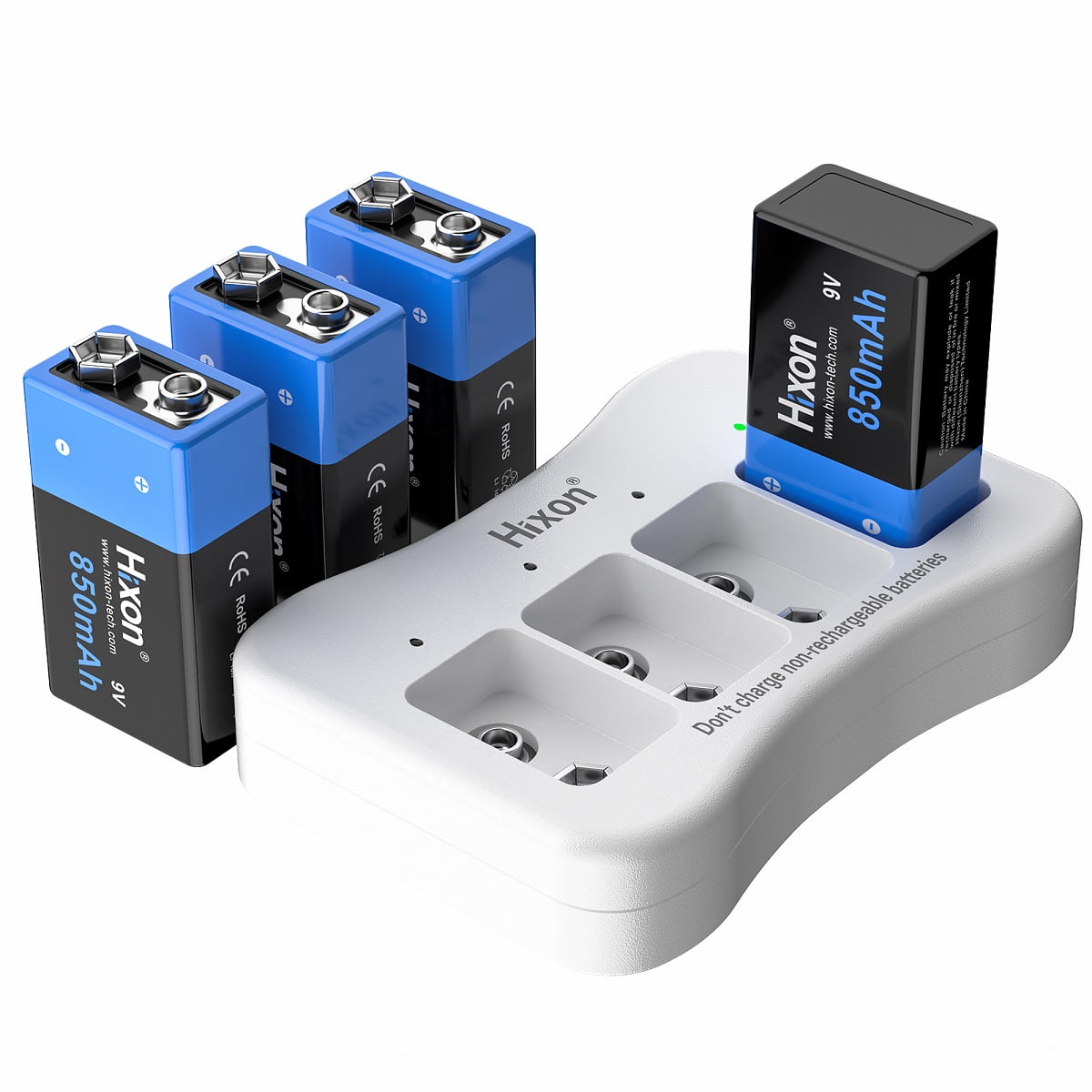 Hixon 9V Batteries 4 Pack 850mAh 6F22 Rechargeable 9V Lithium Batteries with 4 Bay Charger