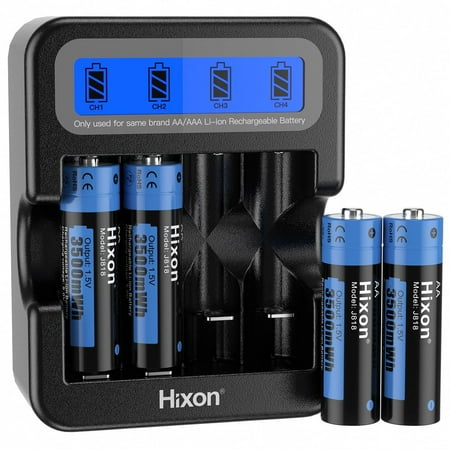 Hixon Rechargeable Lithium AA Batteries, 4 Pack 3500mWh 1.5v AA Rechargeable AA Batteries with LCD Charger for Blink Security Camera, RC Toys