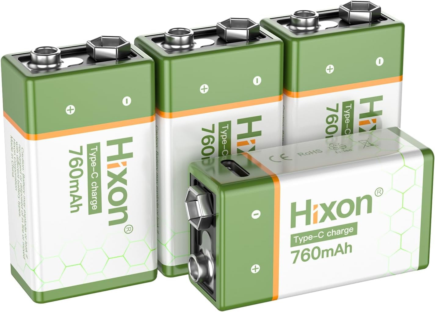Hixon USB 9V Rechargeable Lithium Batteries, 4 Pack Block 9 Volt LI-ion Batteries with Type C Charging Cable, Powerful Long-Lasting, 760mAh High Capacity, Recharge up to 2000x Times