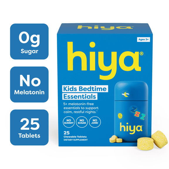 Hiya Kids Bedtime Essentials Chewable, Melatonin-Free Sleep Aid, Sugar Free, Citrus, 25 Ct